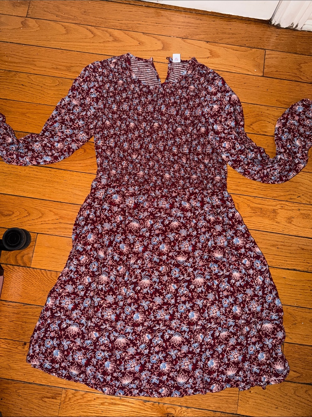 Floral Long-Sleeve Smocked Dress in Burgundy